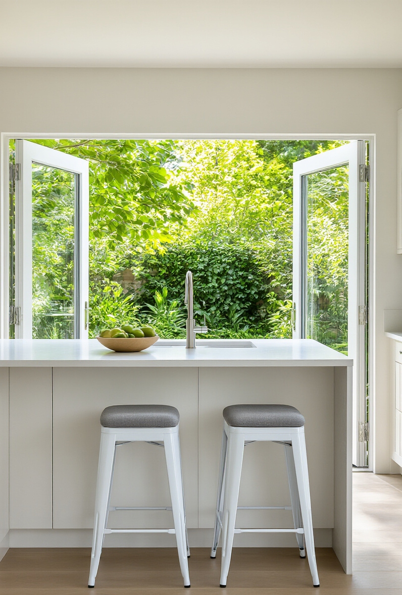 kitchen island seating - Garden View Island Seating - Sunlight streams into this kitchen, illuminating a pristine...