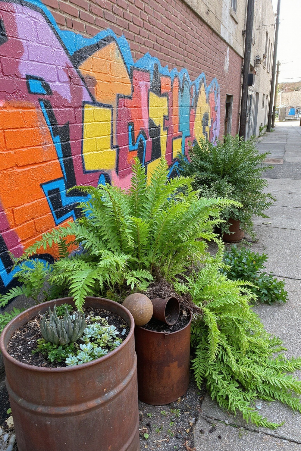 urban garden ideas - Rebellious Roots: Alleyway Garden Art - Sunlight beats down on a gritty alleyway, but...
