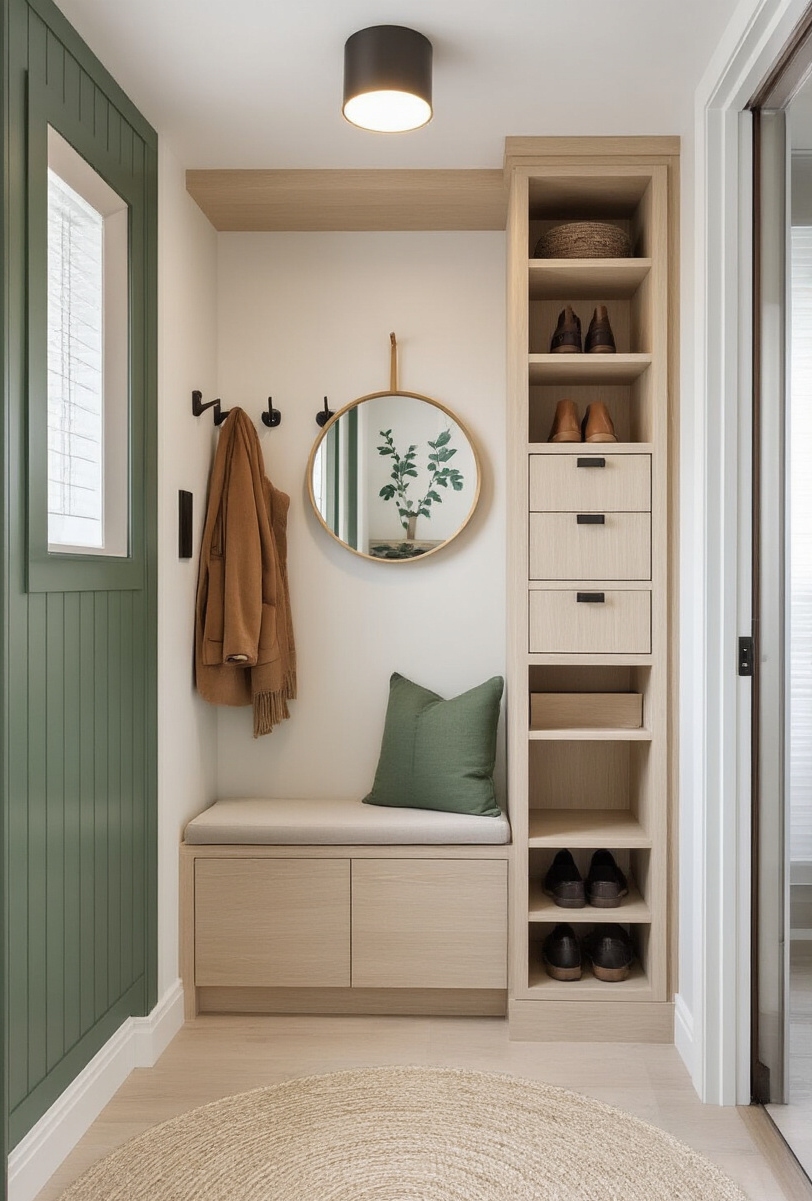 foyer decor ideas - Clever Foyer Entryway Organization - This foyer design maximizes every inch with clever...