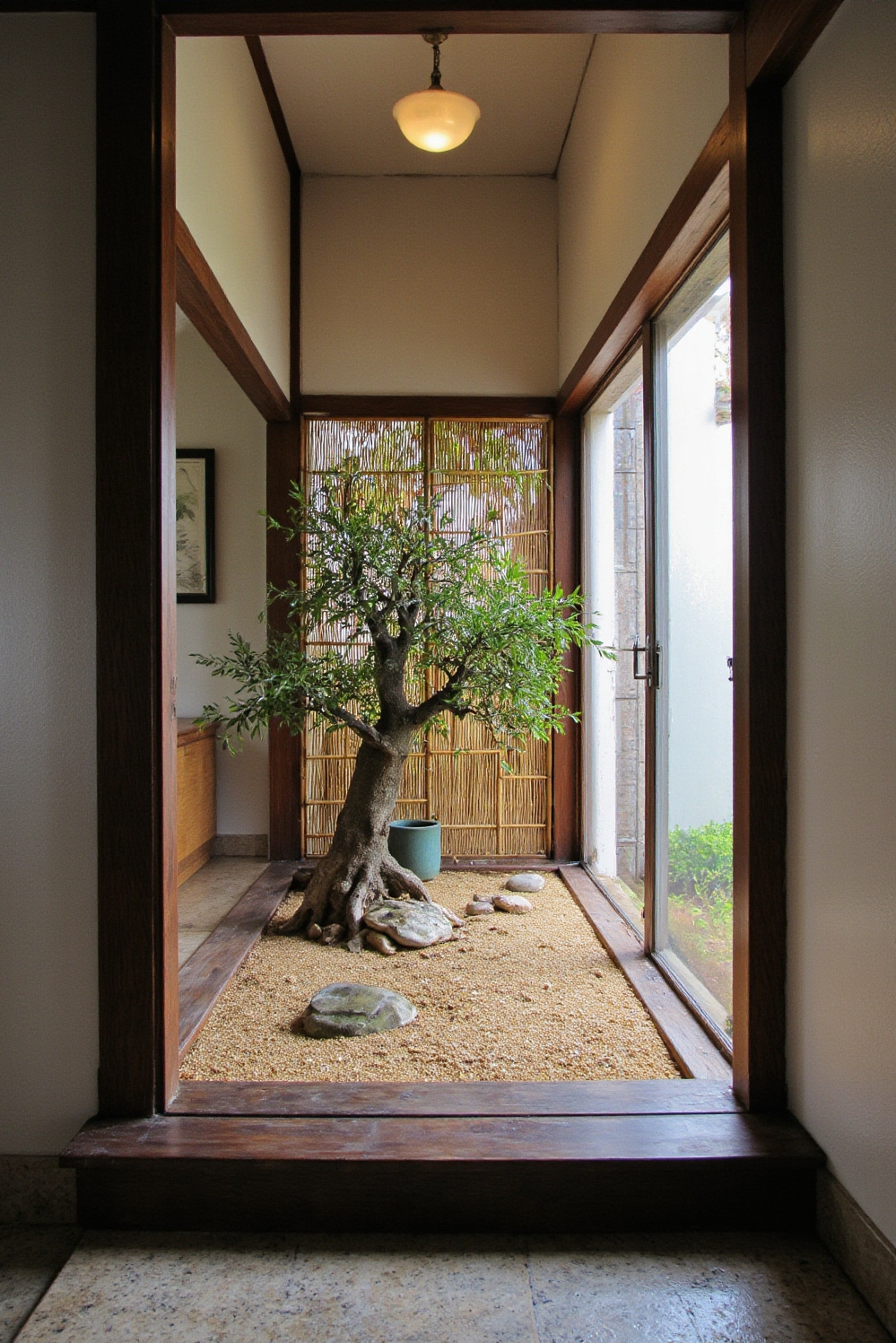 end of hallway decor - Serene Zen Hallway Sanctuary - A hallway terminates in a tranquil Asian Zen...