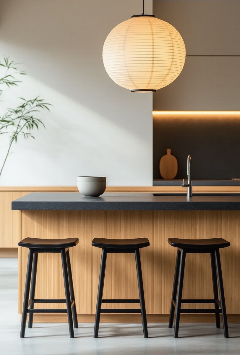 kitchen island seating - Achieve Zen Island Seating - A sleek bamboo kitchen island anchors the space,...