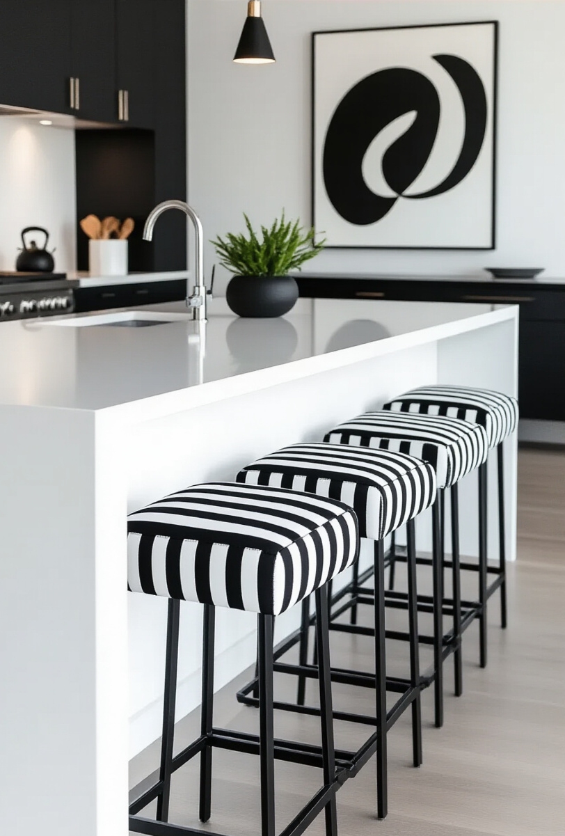 kitchen island seating - Dramatic Island Seating Statements - A bold black kitchen island anchors this space...