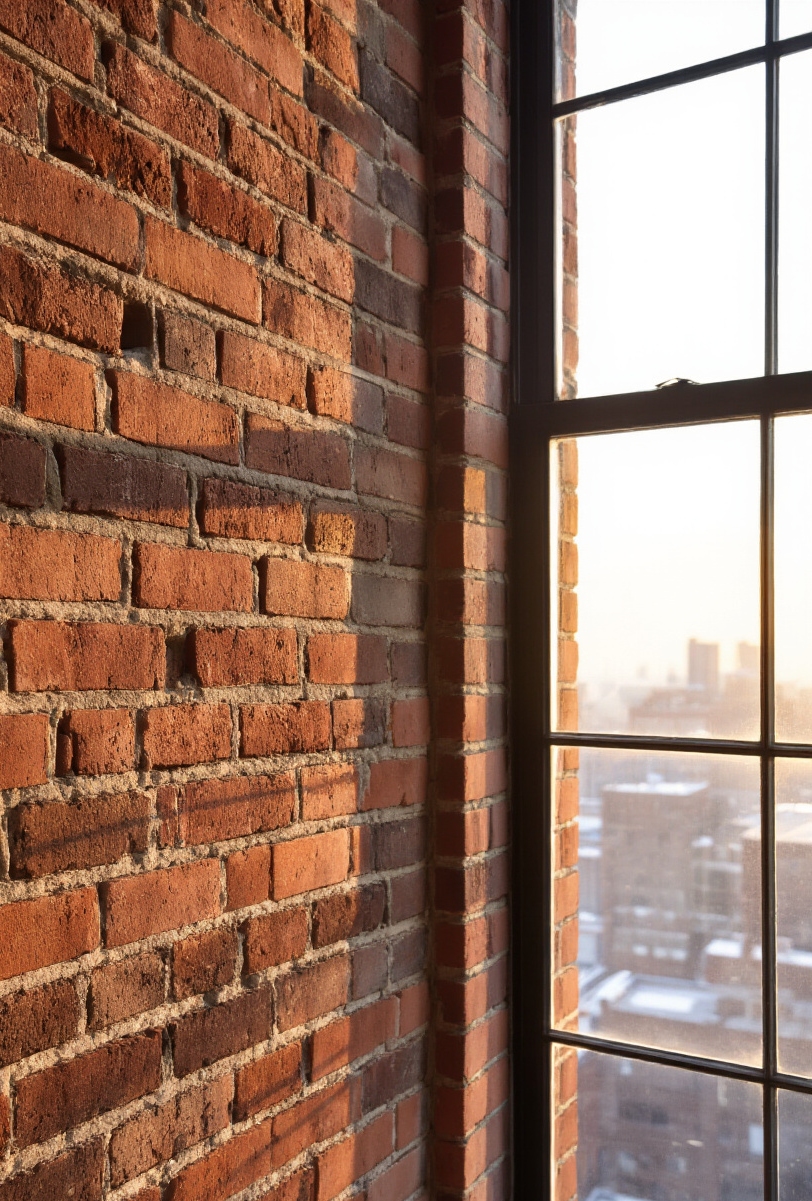wall moldings - Redefining Moldings: Urban Brick Edges - Sunlight streams across the exposed brick, creating a...