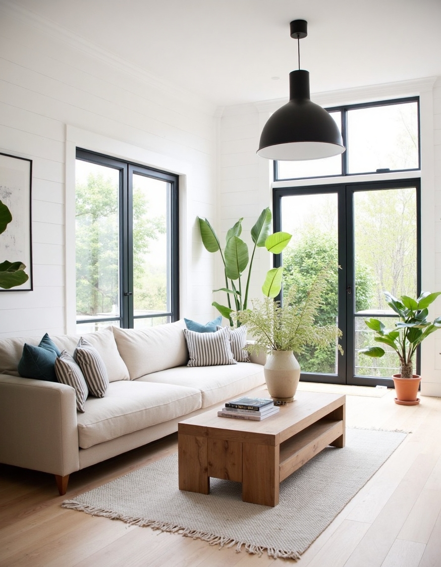 Family Room Design - Effortless Scandinavian Farmhouse Living - Sunlight floods this Scandinavian farmhouse family room, bouncing...