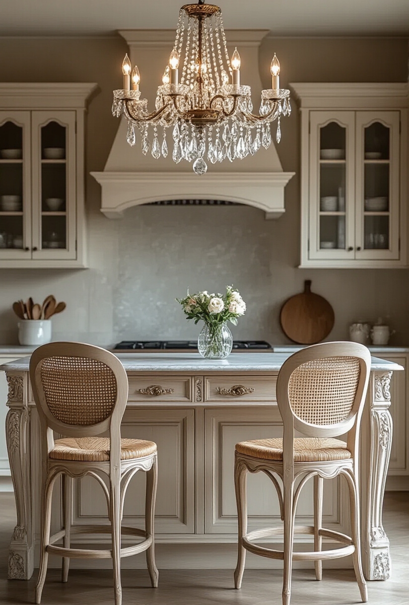 kitchen island seating - Elevate Your Island Seating - This kitchen island whispers tales of the French...