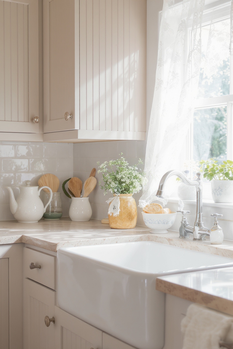 Taupe kitchen cabinets - Soft Taupe Beadboard: Cottage Charm - Soft taupe beadboard cabinets exude warmth and character...