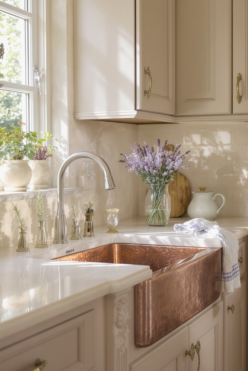 Taupe kitchen cabinets - French Country Taupe Charm - Gentle morning light kisses this French Country kitchen,...