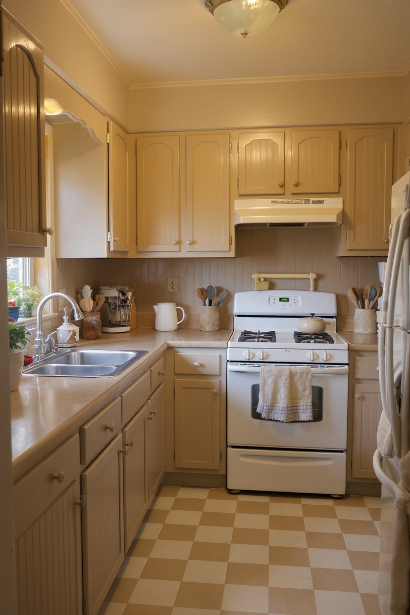 Taupe kitchen cabinets - Heartwarming Taupe Kitchen Style - Taupe beadboard cabinets create a soothing, sophisticated foundation...