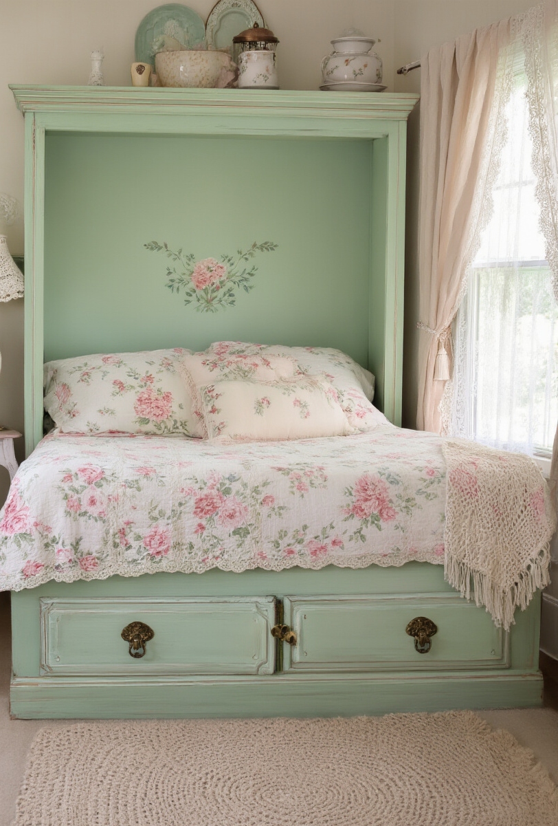 Blog Topic - Unveiling Your Vintage Chic Bed - Sunlight streams through lace curtains and bathes a...
