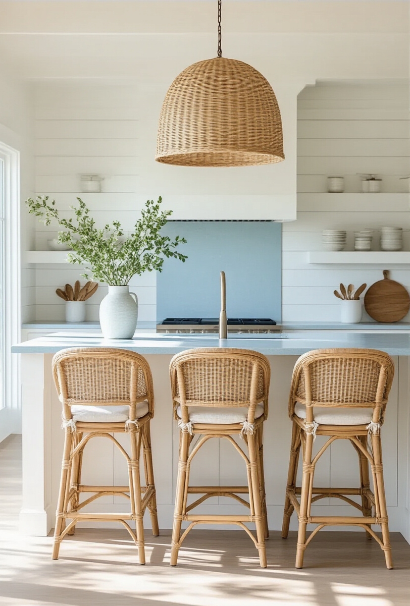 kitchen island seating - Island Seating: Coastal Comfort Awaits - The camera captures a breezy, coastal kitchen island...