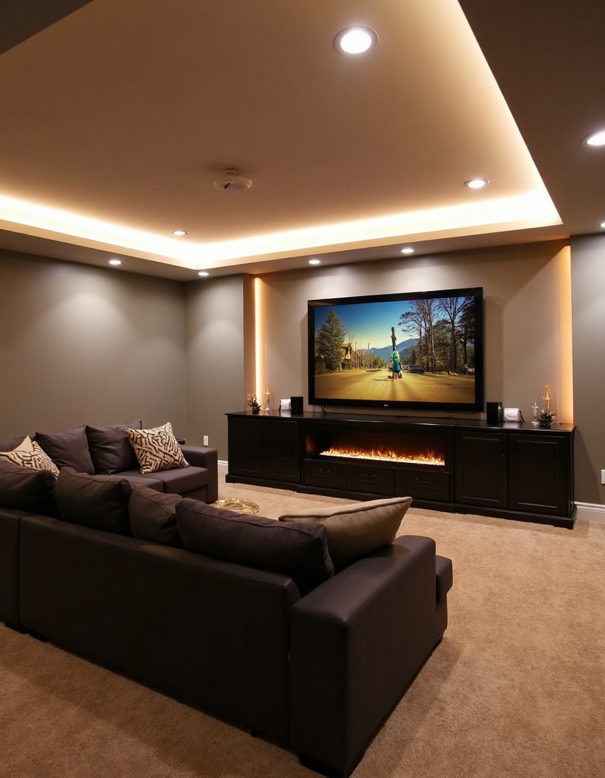 Family Room Design - Your Basement's Ultimate Movie Den - Step into this basement family room and immediately...