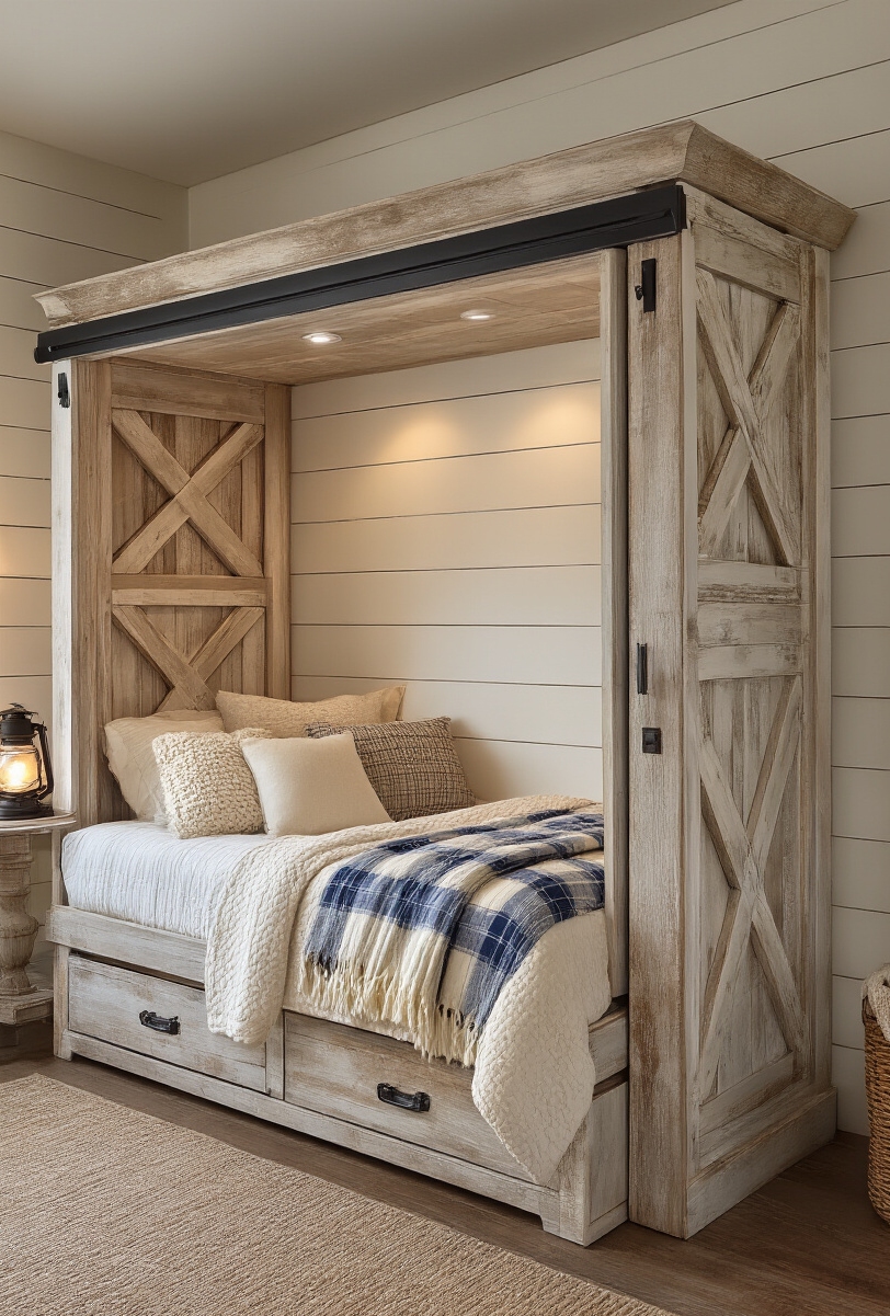 Blog Topic - Rustic Bed That Disappears - The image showcases a stunning farmhouse-chic Murphy bed,...