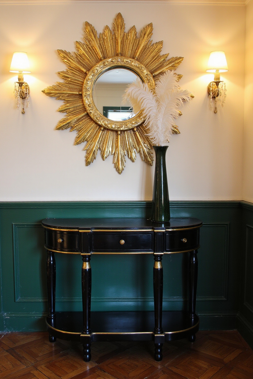 end of hallway decor - Your Hallway's Opulent Finale - Deep emerald green, polished gold, black, and cream...