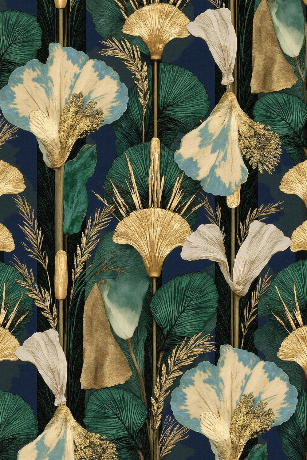floral wallpaper ideas - Geometric Floral Glamour - Emerald green and deep navy bloom across your...