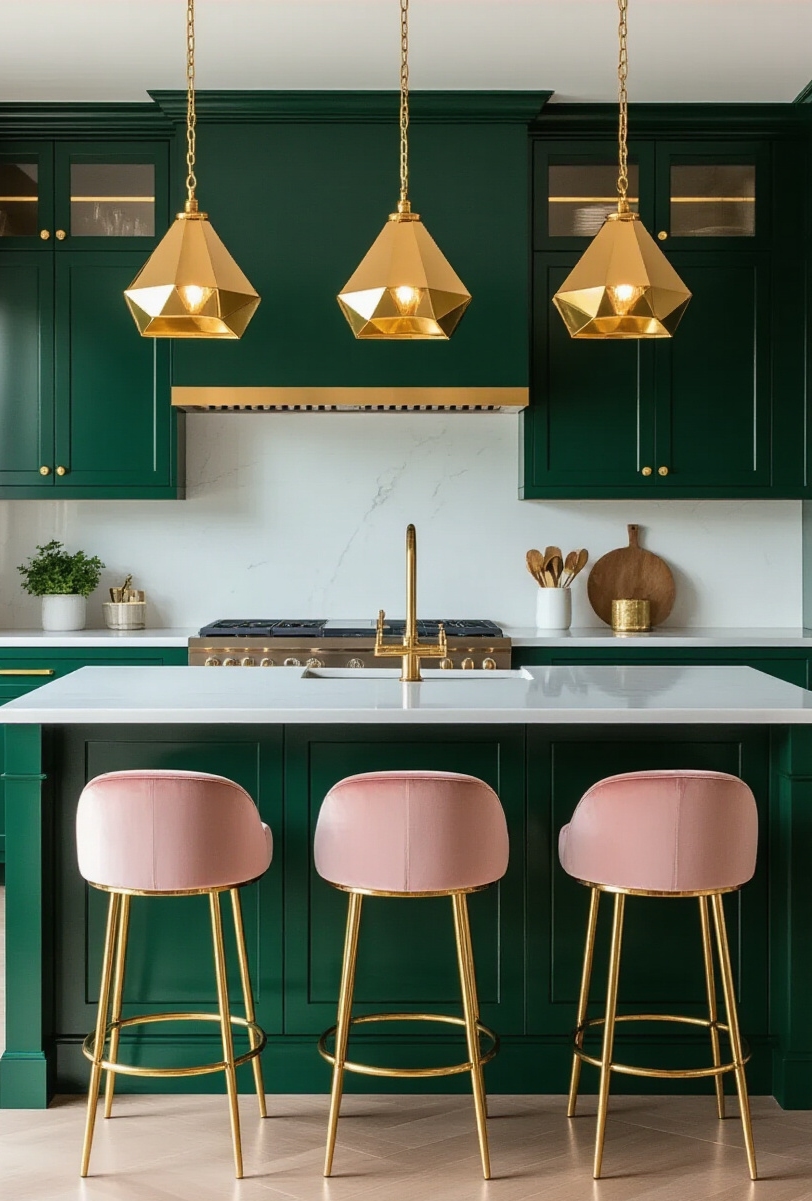 kitchen island seating - Bold Island Seating Statements - A deep emerald green lacquered kitchen island immediately...