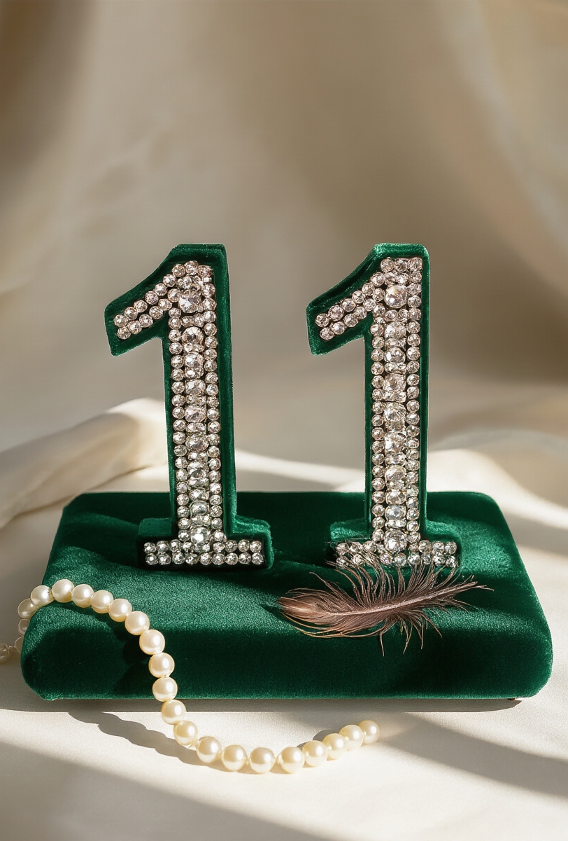 wedding table numbers - Opulent Table Number Designs - Emerald green velvet sets a dramatically opulent stage....