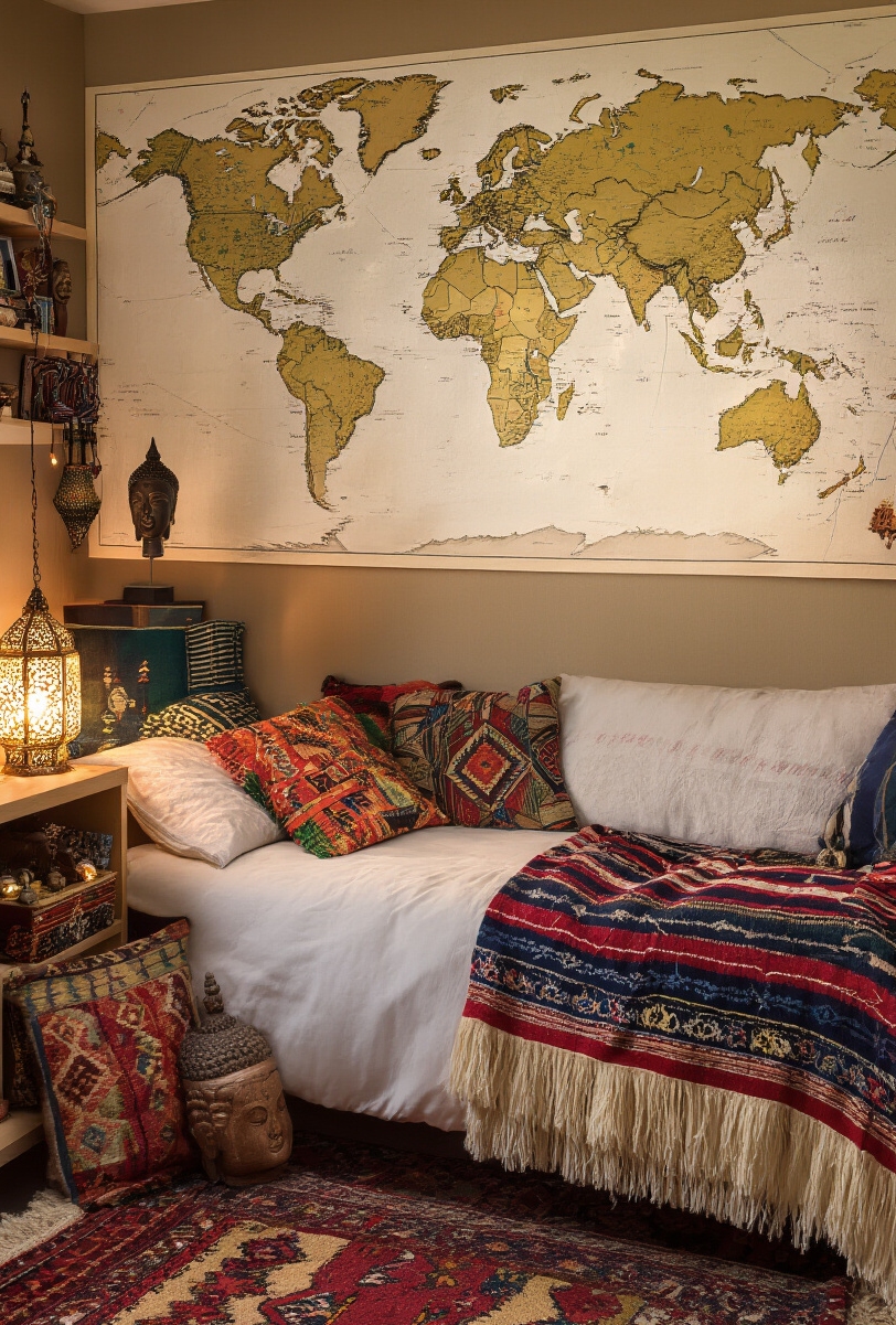 dorm room decor - Your Dorm, Your Global Journey - The dorm room bursts with global charm, narrating...