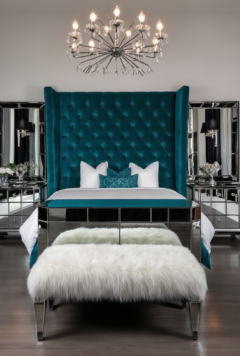 bedroom furniture sets - Dramatic Glamour For Your Bedroom - A deep teal, oversized, tufted velvet headboard immediately...