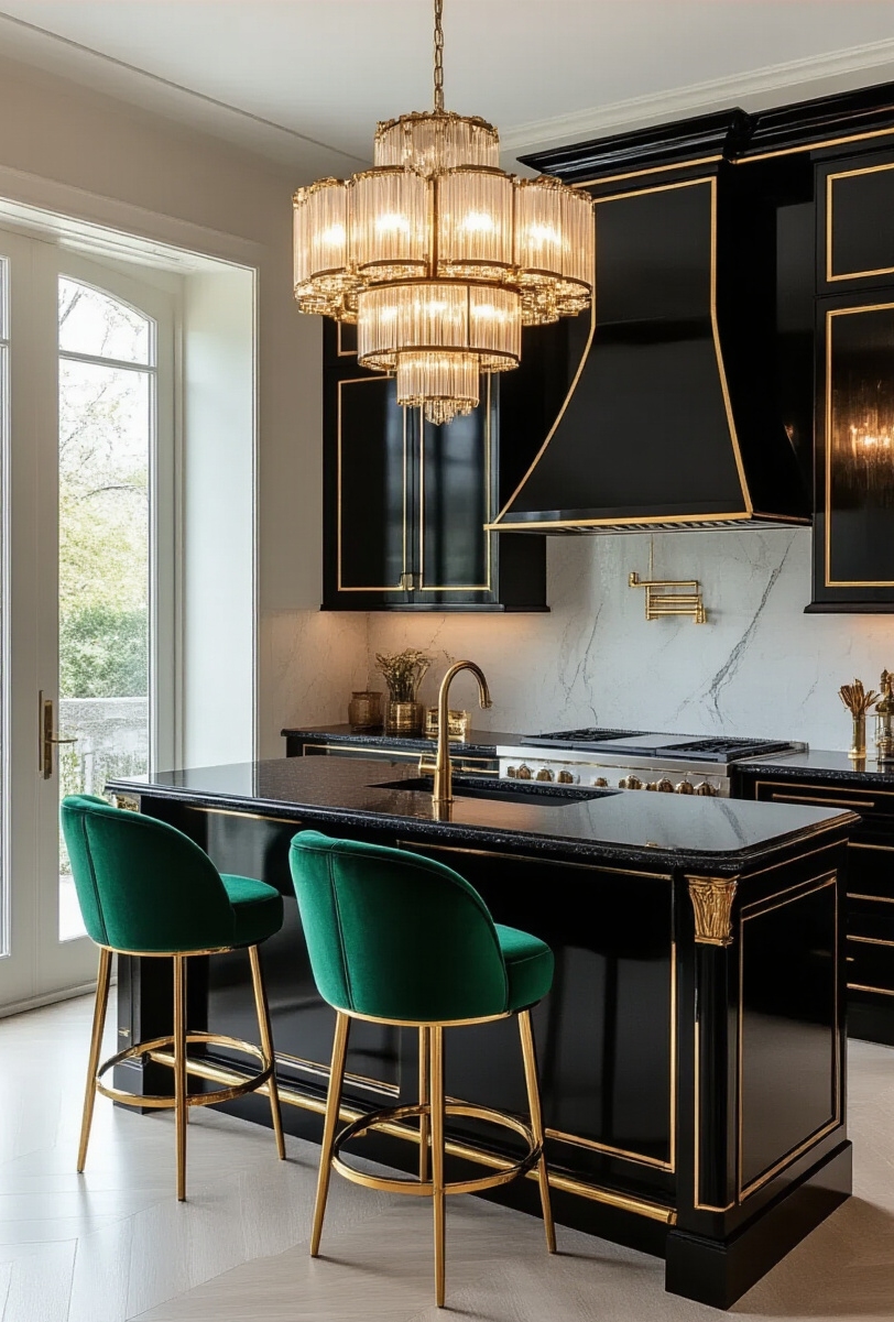 kitchen island seating - Opulent Island Seating Ideas - A dramatic black lacquered kitchen island immediately commands...