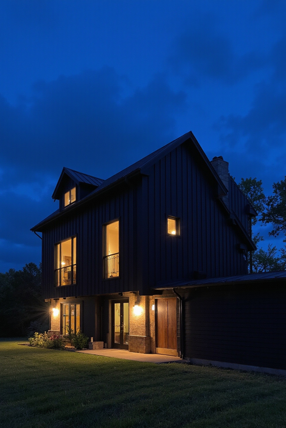 modern barn house - Dark Barn: Modern Allure - Twilight paints the sky a deep indigo canvas...