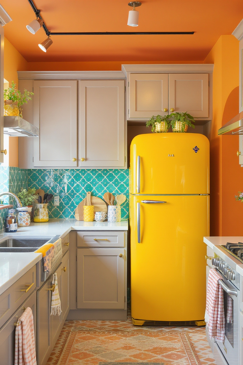 Taupe kitchen cabinets - Taupe Cabinets: A Vibrant Canvas - Taupe kitchen cabinets anchor this vibrant, eclectic kitchen,...
