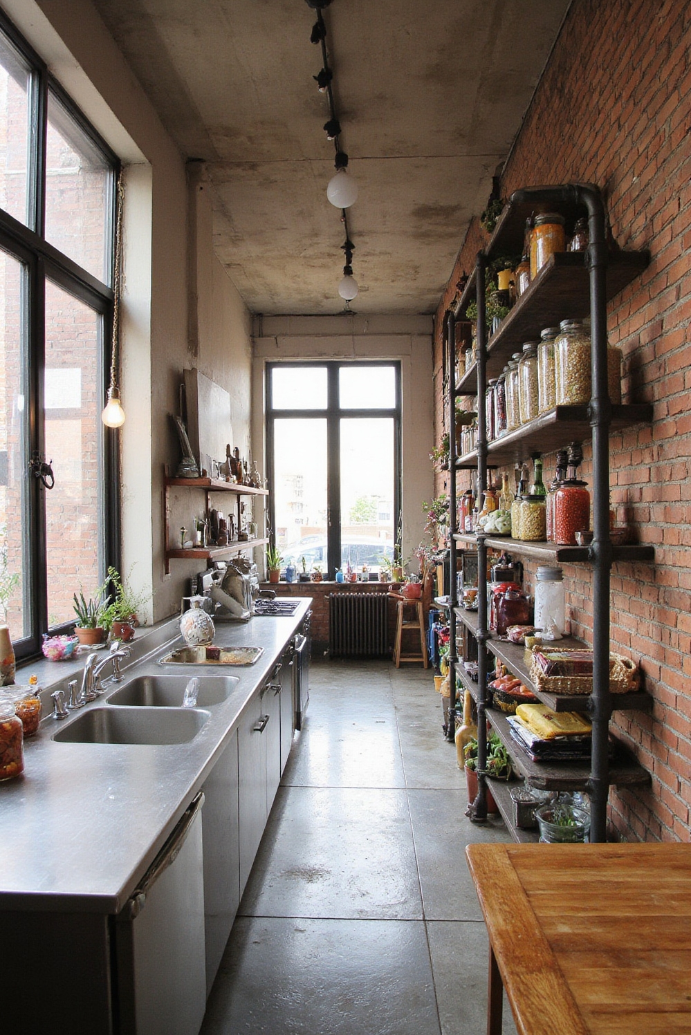 Industrial kitchen design - Bright, Efficient Urban Industrial Kitchens - Sunlight floods this striking galley kitchen, highlighting the...