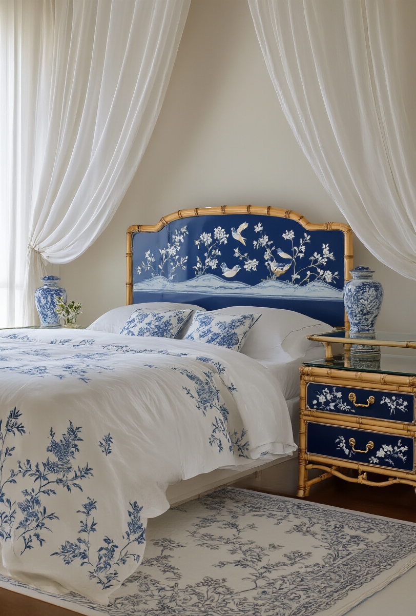 bedroom furniture sets - Timeless Oriental Bedroom Elegance - Lacquered headboards become the focal point as hand-painted...