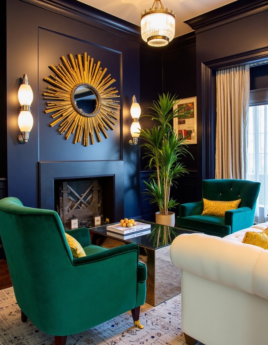 Family Room Design - Art Deco Family Room Glamour - Deep navy walls immediately envelop you, their geometric...