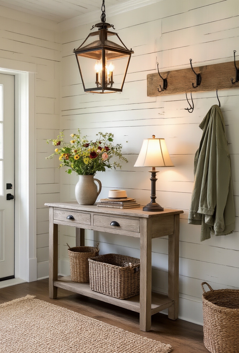 foyer decor ideas - Cozy Farmhouse Foyer Decor - The image presents a cozy farmhouse entryway that...