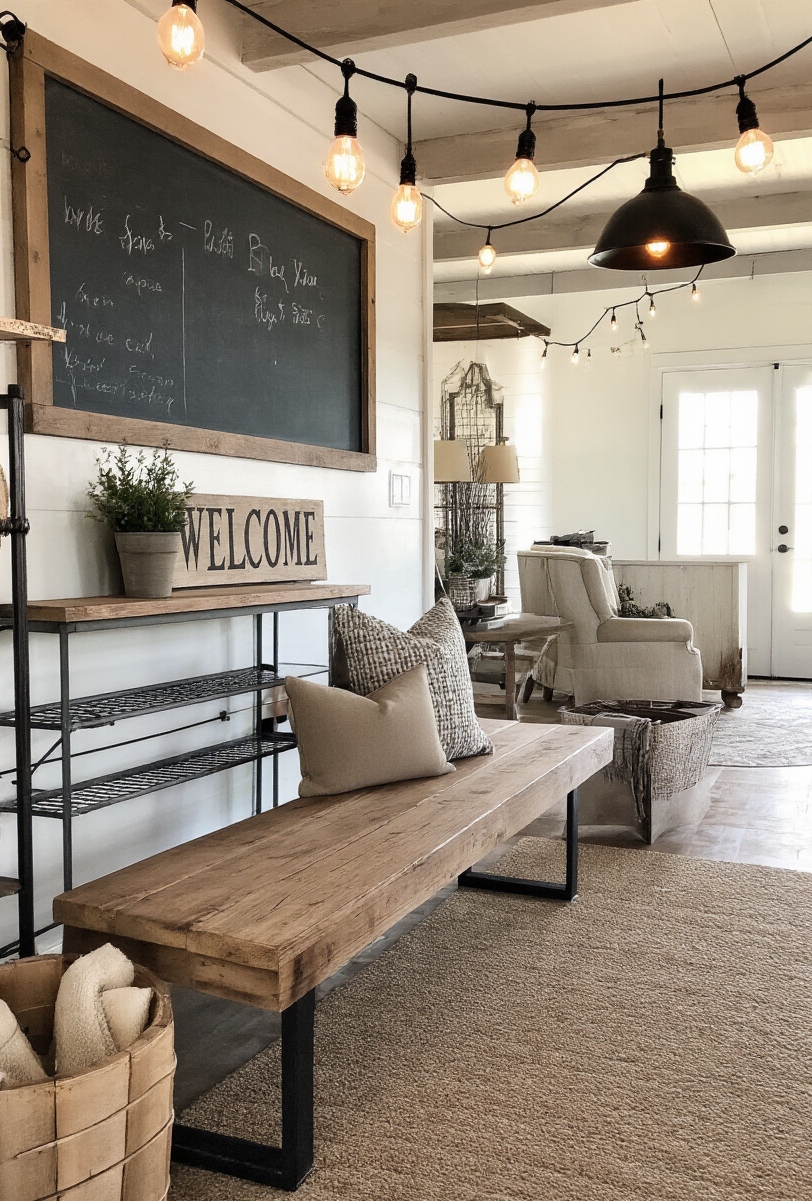 foyer decor ideas - Craft Your Industrial Farmhouse Entry - This foyer bursts with industrial farmhouse charm, showcasing...