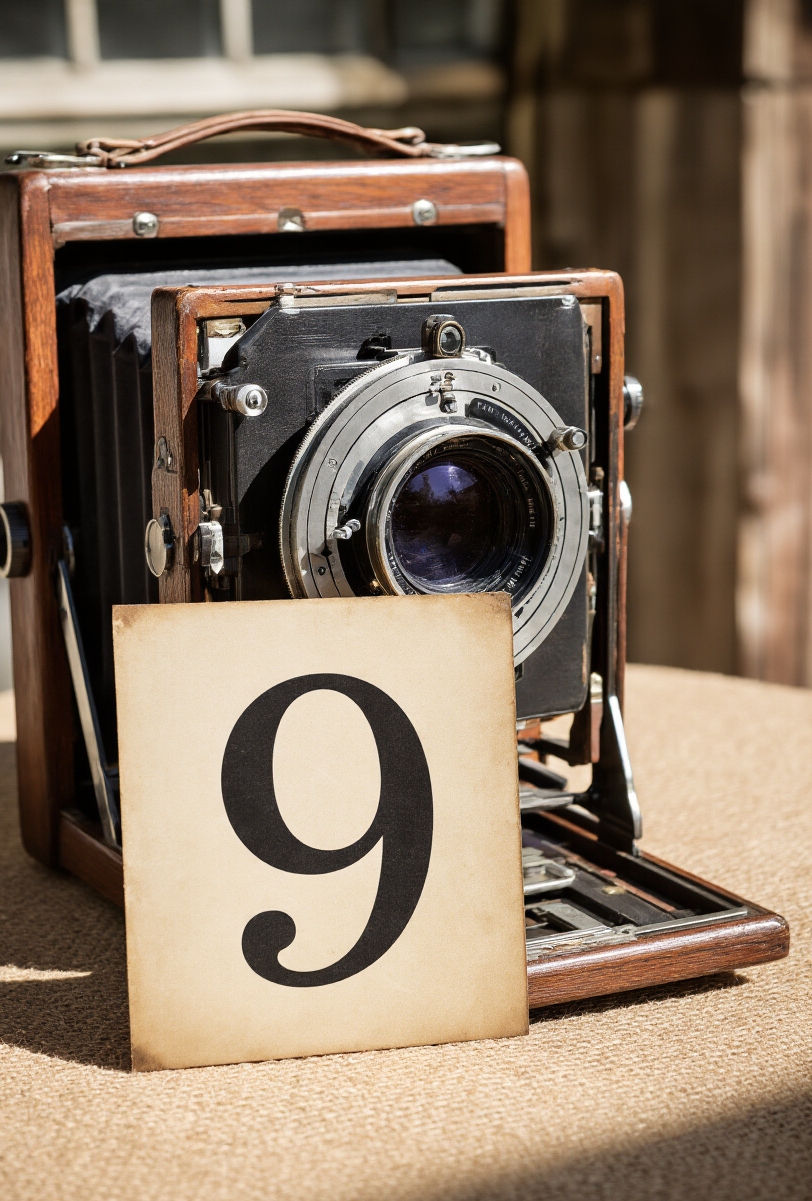wedding table numbers - Antique Camera Table Number Focus - A grand, vintage field camera instantly captivates with...