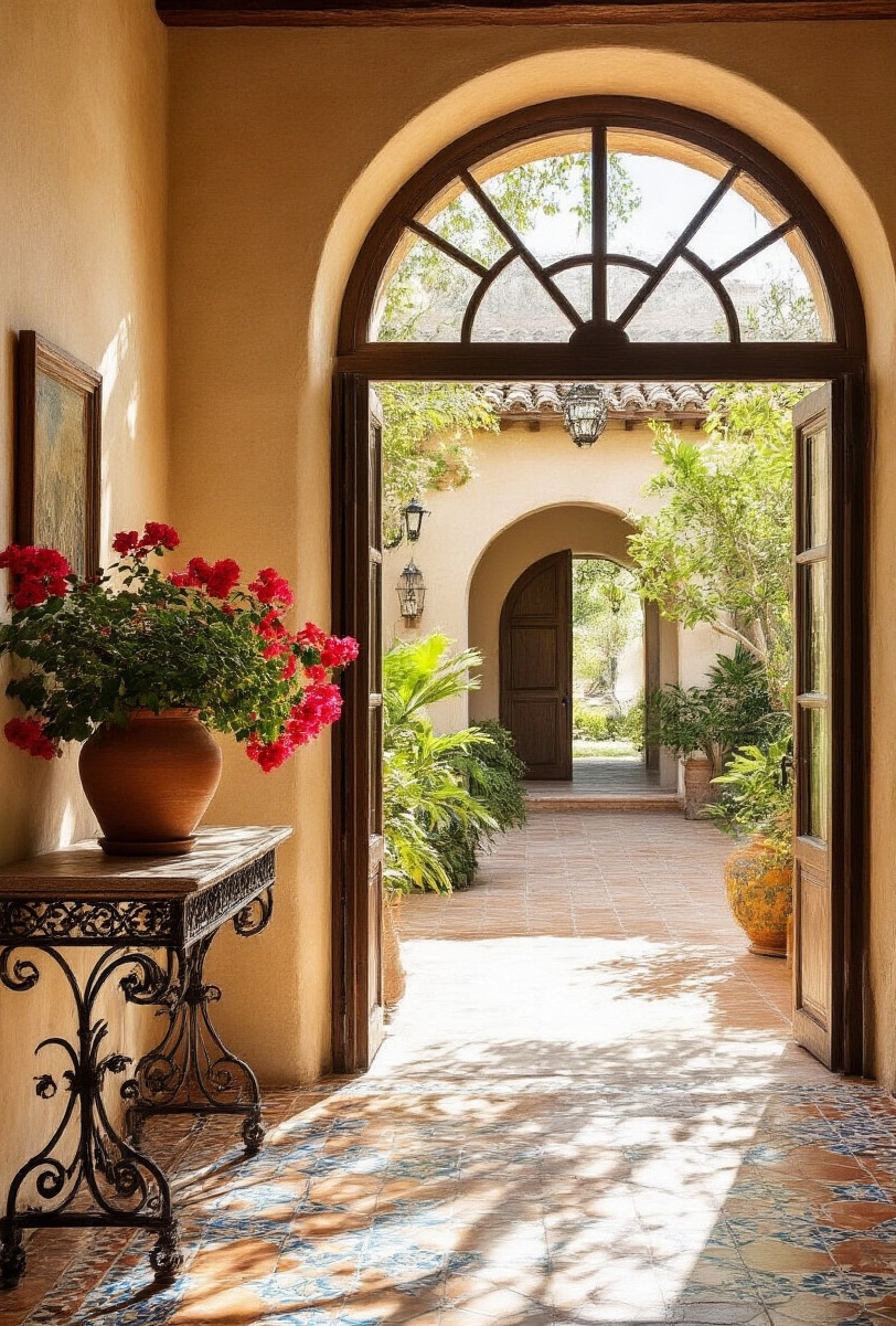 foyer decor ideas - Terracotta And Azure Foyer - Sunlight floods this Mediterranean foyer, immediately enveloping you...