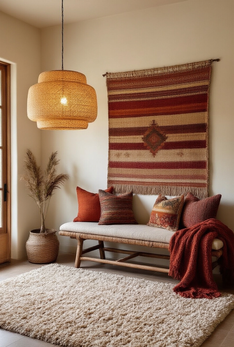 foyer decor ideas - Bohemian Textures For Your Foyer - This foyer welcomes you with open arms! Deep...