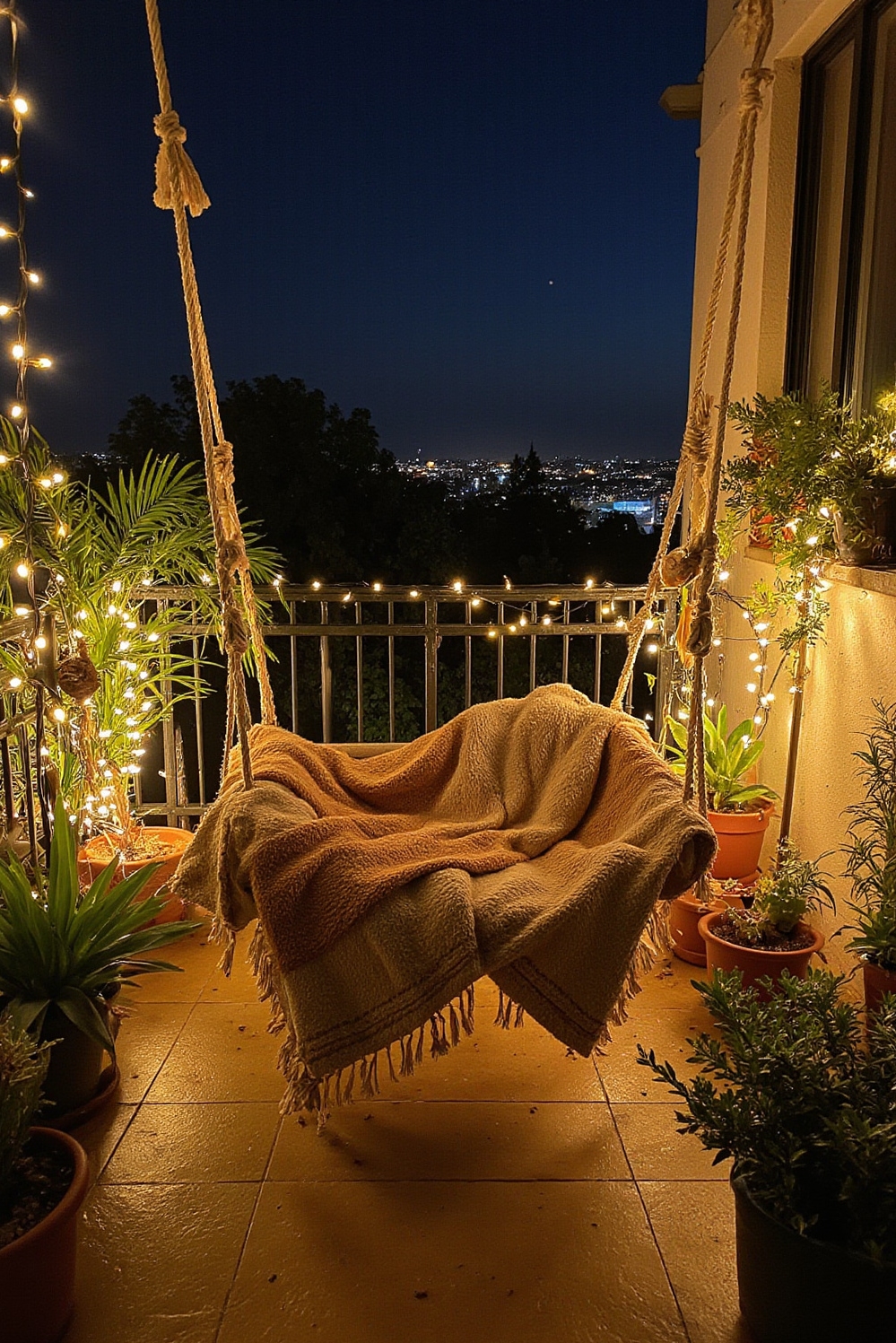 urban garden ideas - Cozy Balcony Night Escape - The scene unfolds on a balcony transformed into...