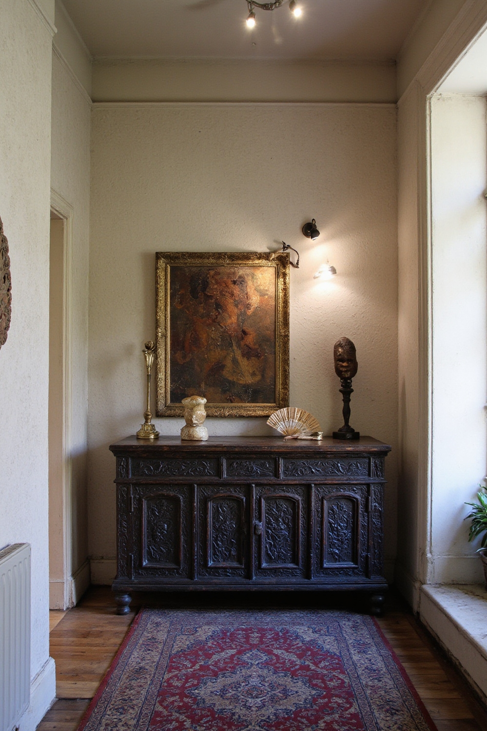 end of hallway decor - End Hallway: Your Worldly Gallery - Ebony credenza anchors the end of a hallway,...