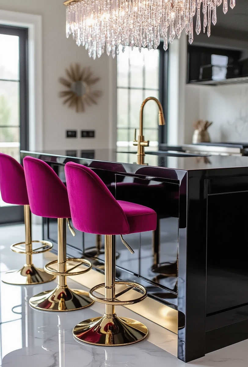 kitchen island seating - Bold Seating For Glam Islands - A glossy black kitchen island immediately grabs your...