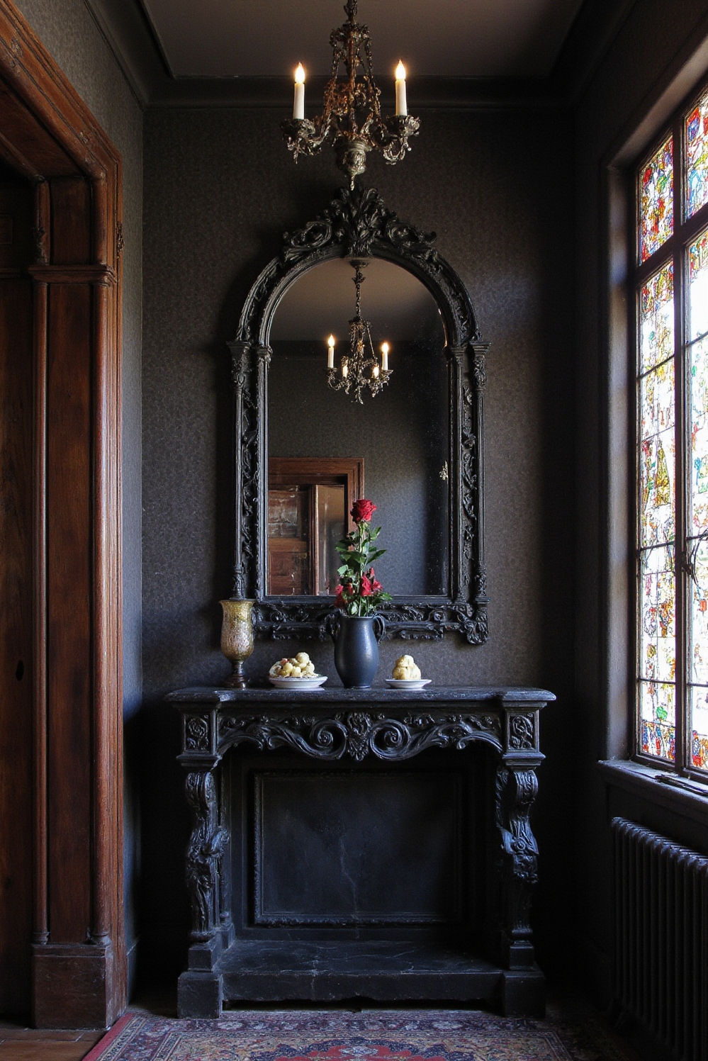 end of hallway decor - Hallway's Brooding Grand Finale - A Gothic Revival hallway culminates in a darkly...