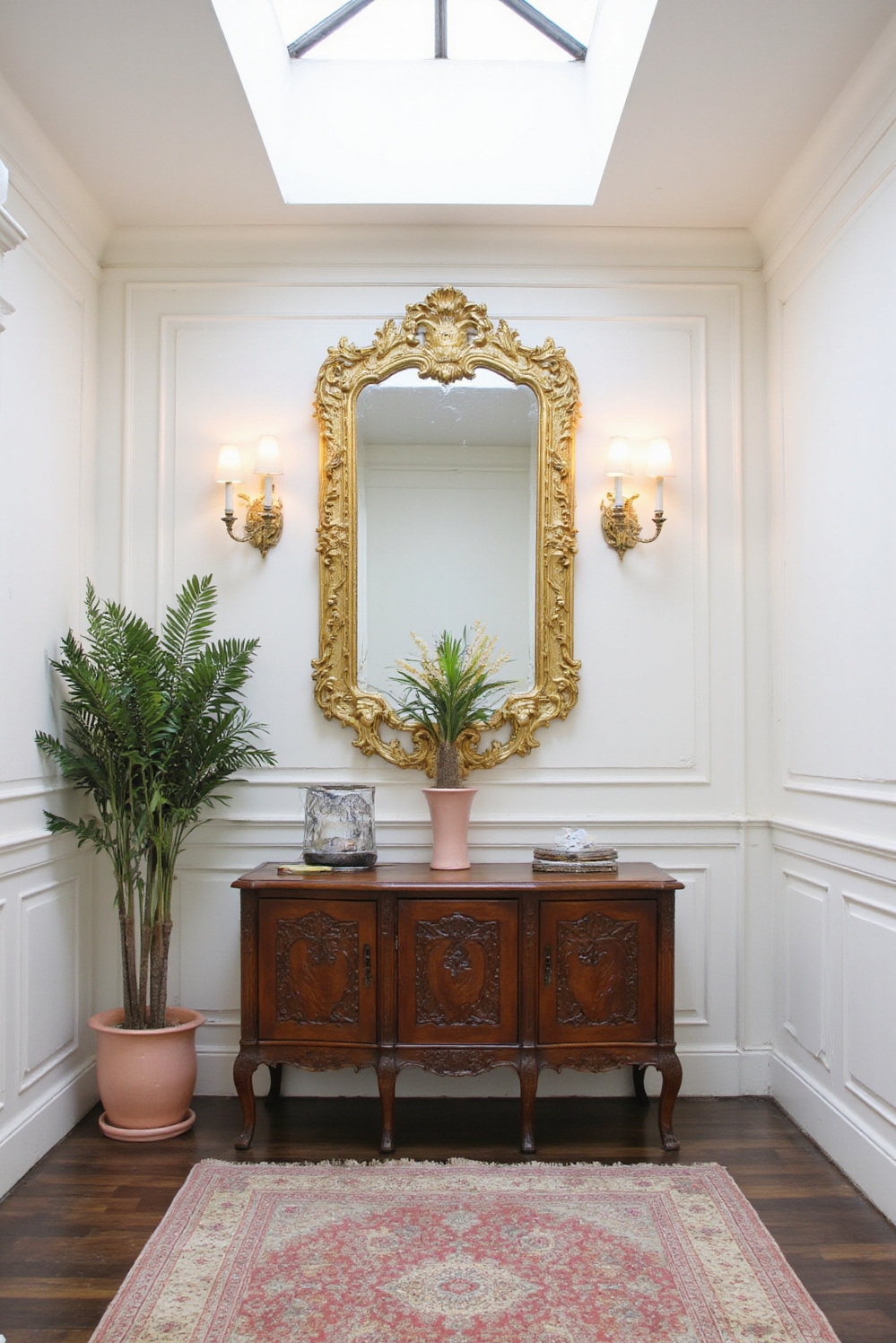 end of hallway decor - Grand Millennial Hallway Charm - A long, white-paneled hallway culminates in a vision...