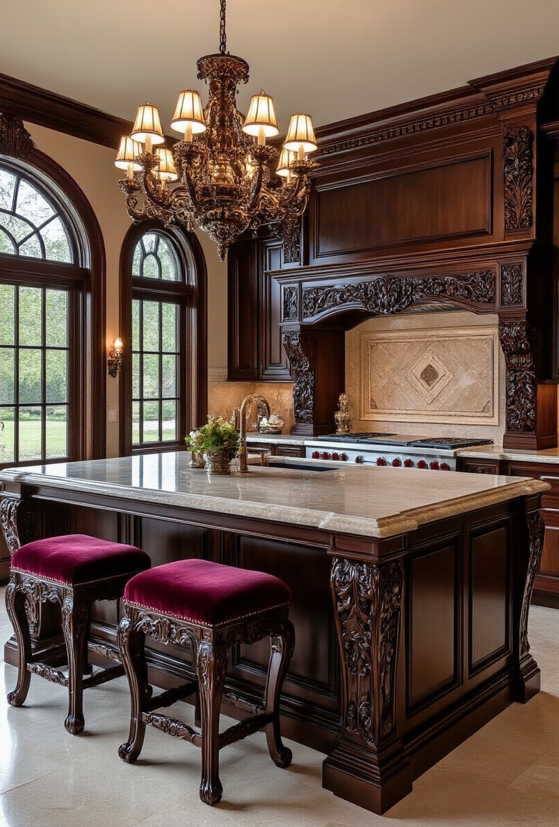 kitchen island seating - Ornate Island Seating Grandeur - This kitchen island commands attention with its dark,...