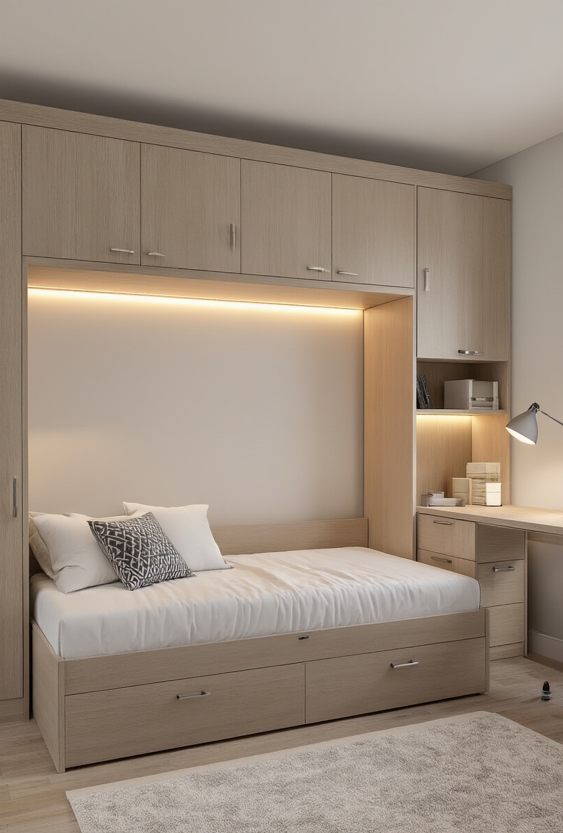 Blog Topic - The Hidden Office Bed - A light ash wood veneer flows across this...