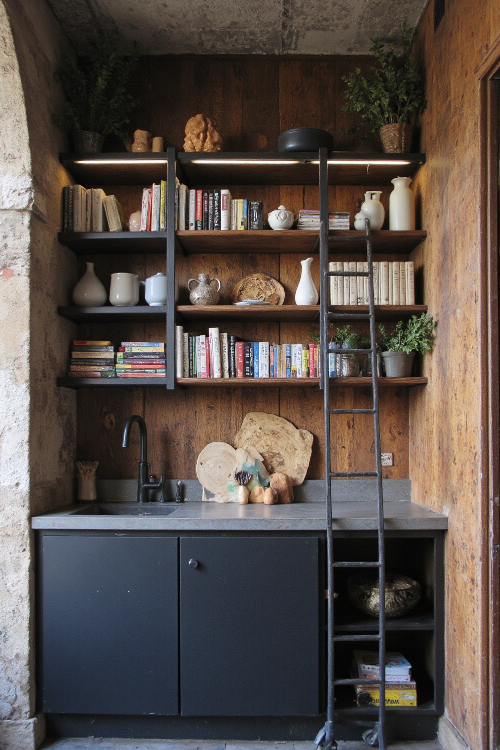 Industrial kitchen design - Library-Inspired Industrial Culinary Haven - Step into a kitchen that whispers of old...