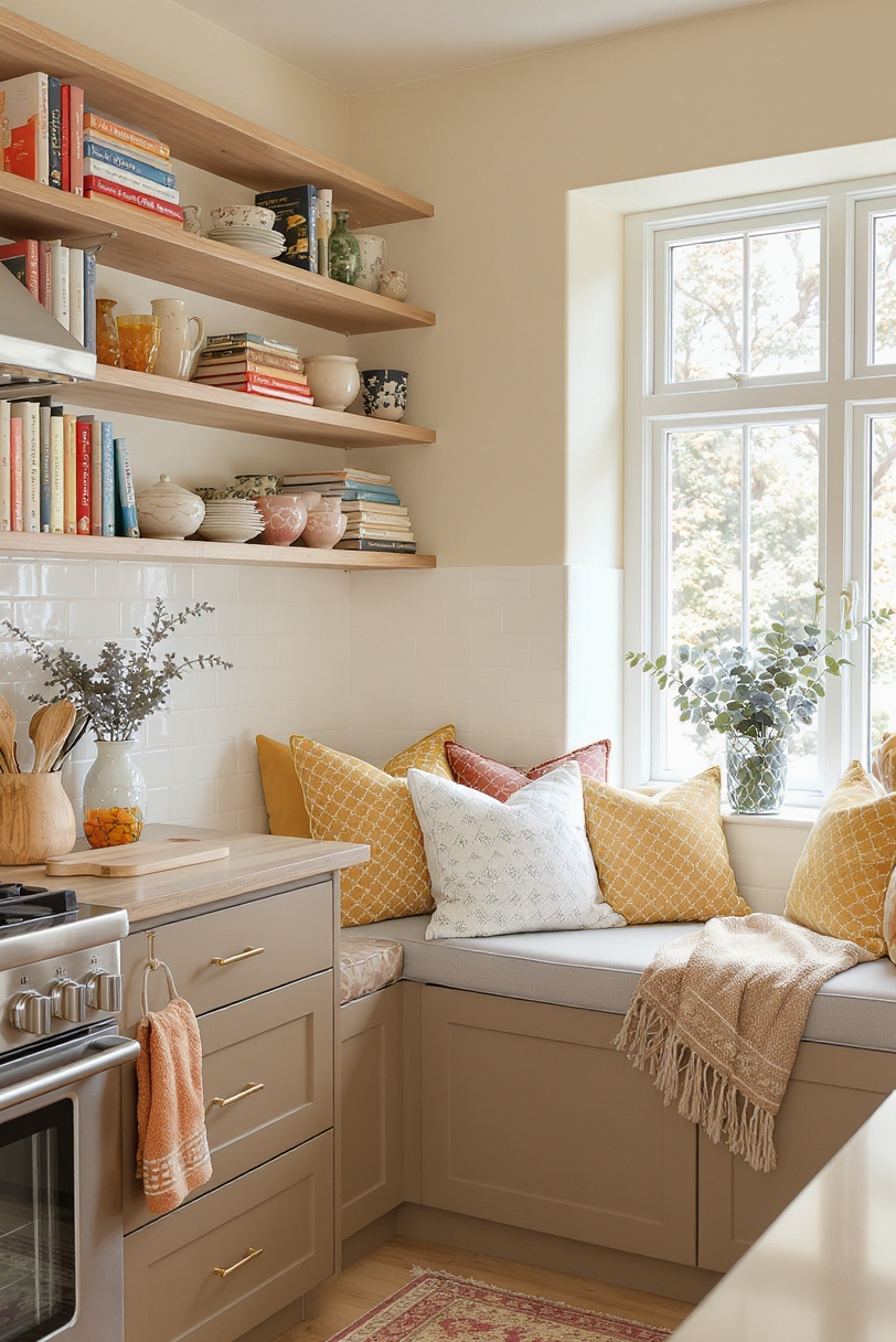 Taupe kitchen cabinets - Taupe Cabinets: Your Cozy Nook - Taupe lower cabinets ground this kitchen in warmth,...