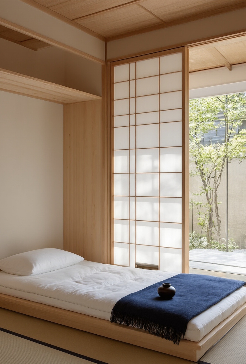 Blog Topic - Your Serene, Space-Saving Sanctuary - Sunlight streams softly through a vast rice-paper screen,...