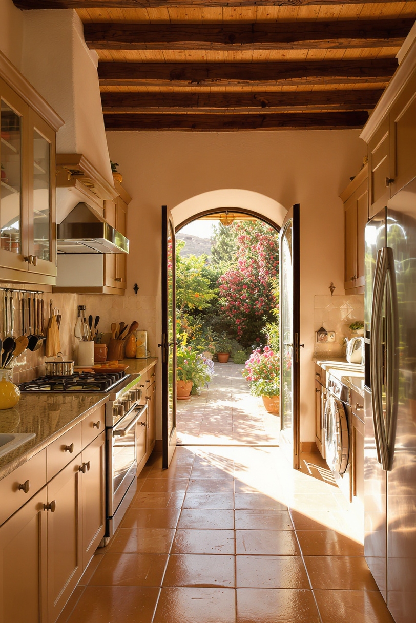 Taupe kitchen cabinets - Sunny Taupe Kitchen Charm - Sunlight floods this Mediterranean kitchen, highlighting the beauty...