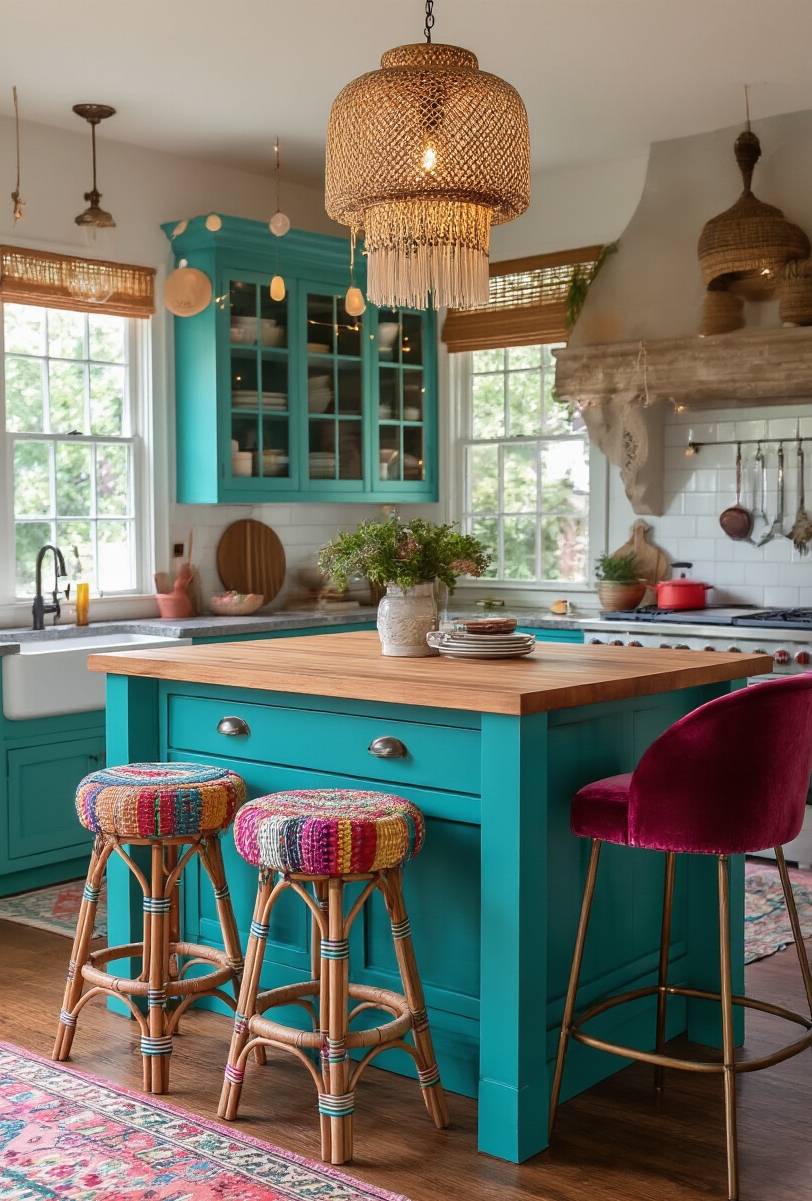 kitchen island seating - Free-Spirited Island Seating Style - A vibrant teal kitchen island immediately grabs your...