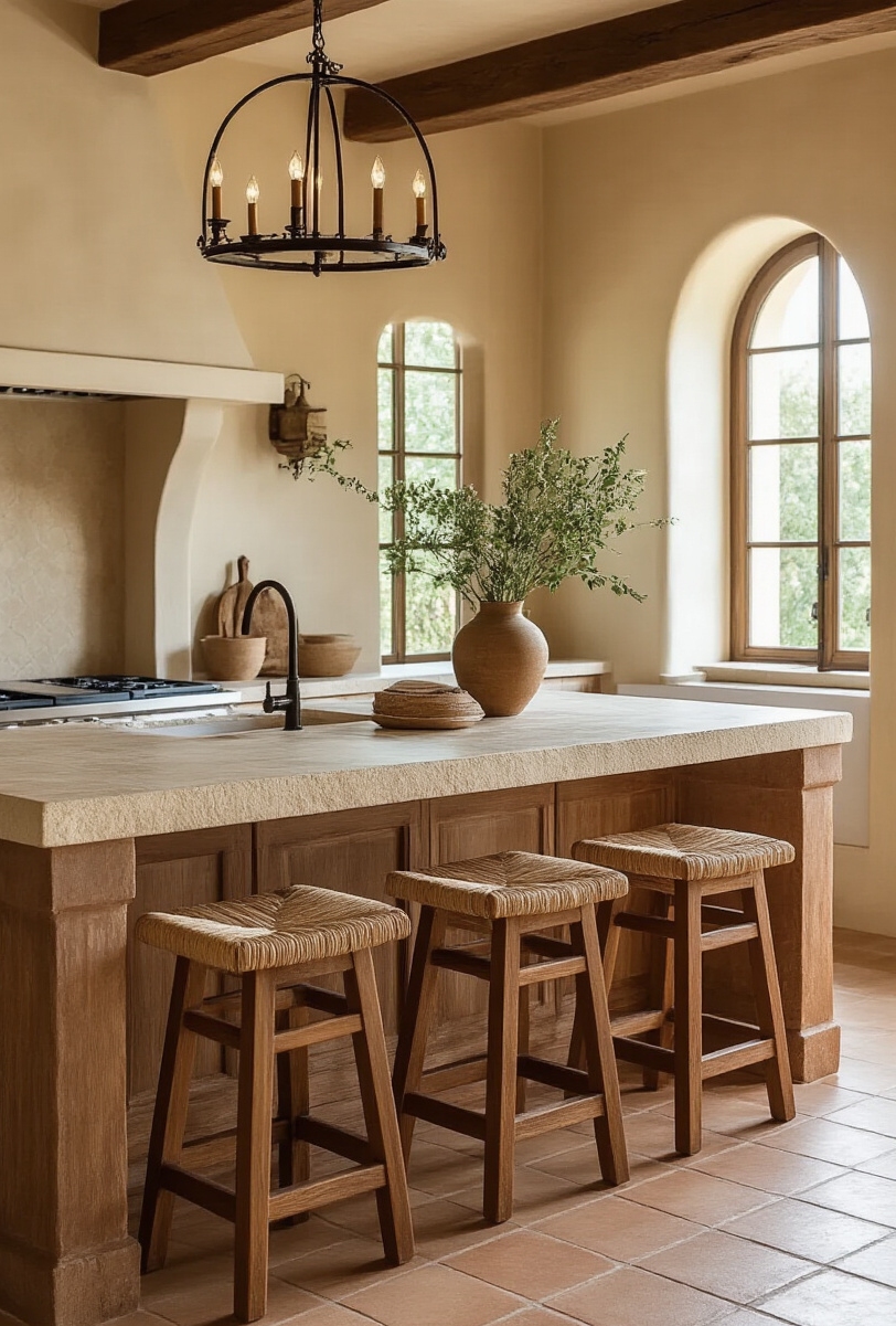 kitchen island seating - Inviting Old-World Island Seating - Sunlight floods this kitchen, warming the terracotta tiles...