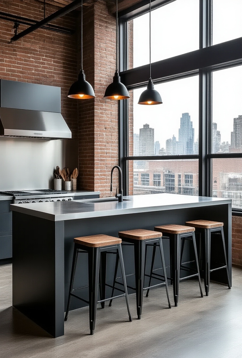 kitchen island seating - Your Urban Island Seating Guide - A striking kitchen island anchors this urban loft,...