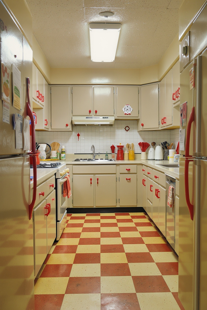 Taupe kitchen cabinets - Taupe Cabinets: Retro Red Pop - This retro-modern kitchen sings with personality. Taupe cabinets...