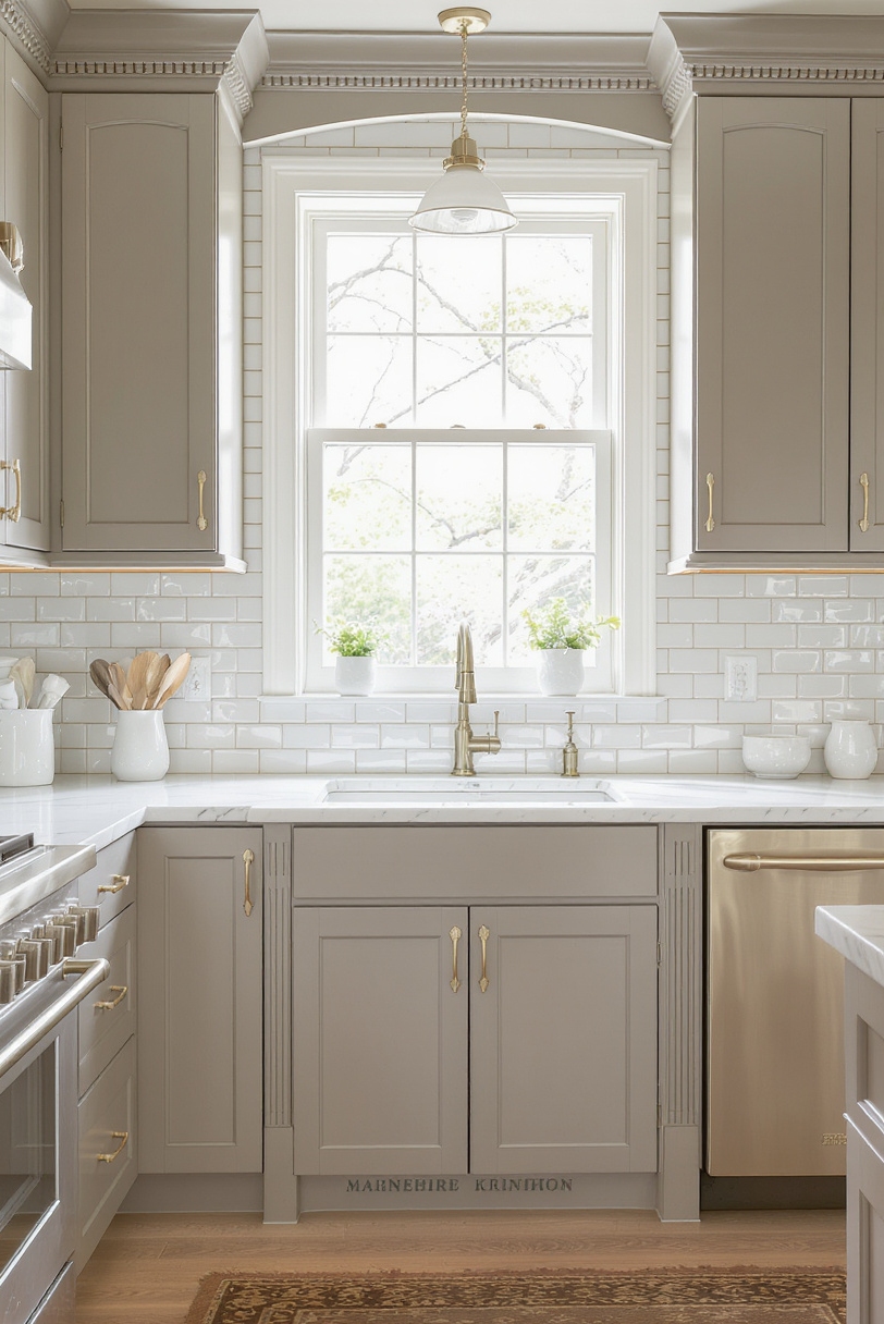 Taupe kitchen cabinets - Timeless Taupe Cabinet Elegance - Taupe inset cabinets anchor this heritage kitchen, their...