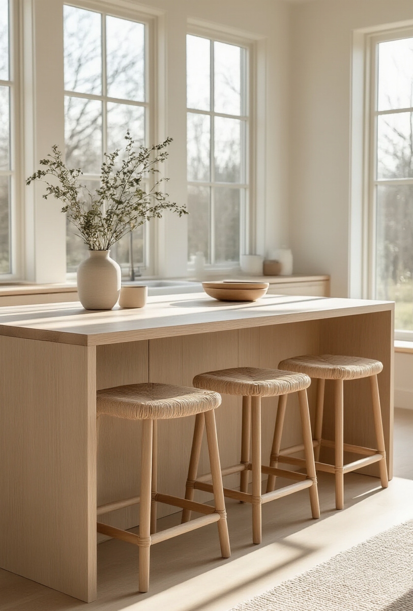 kitchen island seating - Simple Seating, Scandinavian Serenity - Light ash wood defines the kitchen island, immediately...